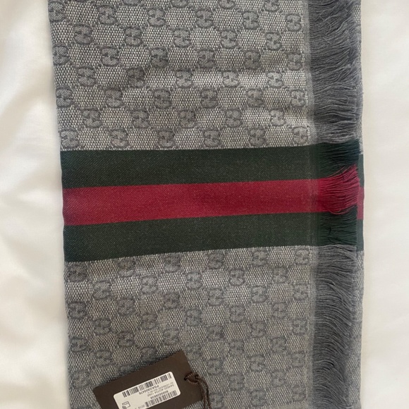 NWT GUCCI gray/green/red WEB stripe VERBIERE wool/silk knit 35x180cm scarf - Picture 8 of 9